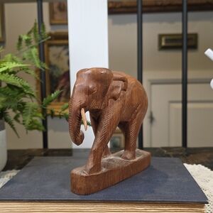 Vintage Thai Hand Carved Wood Elephant Statue 5" Trunk Down Wisdom Prosperity